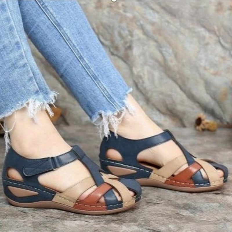 Foreign trade large size 2023 summer new European and American retro round toe wedge ladies Roman shoes cross buckle female sandals Red wine 36 - Image 4