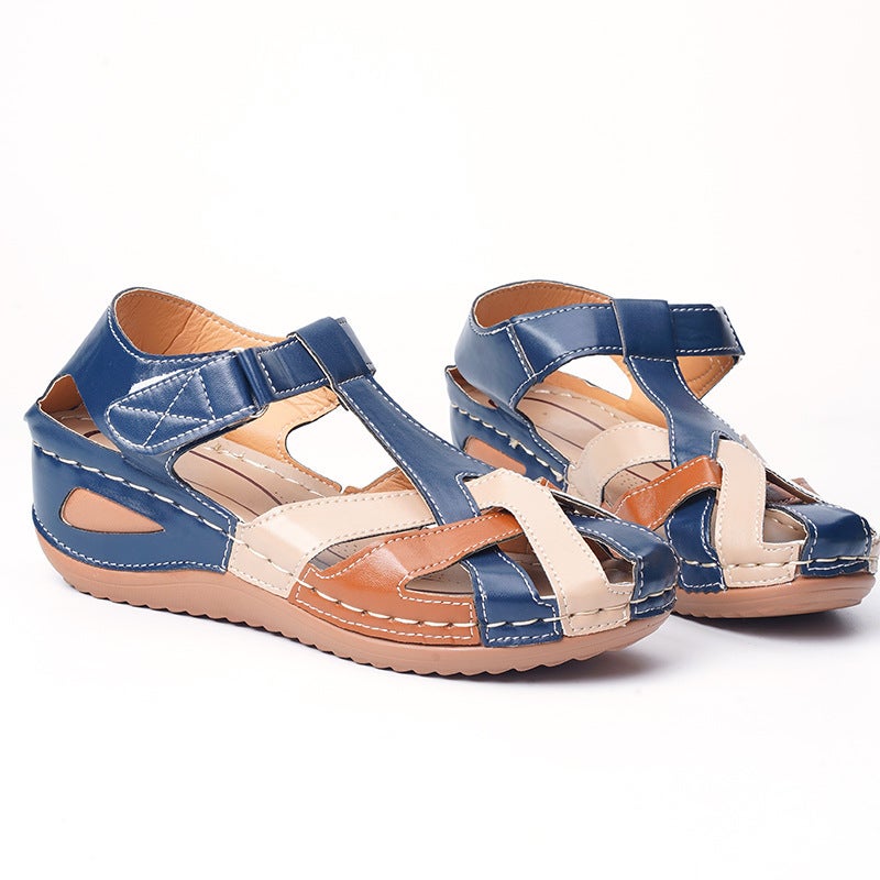 Foreign trade large size 2023 summer new European and American retro round toe wedge ladies Roman shoes cross buckle female sandals Red wine 36 - Image 5