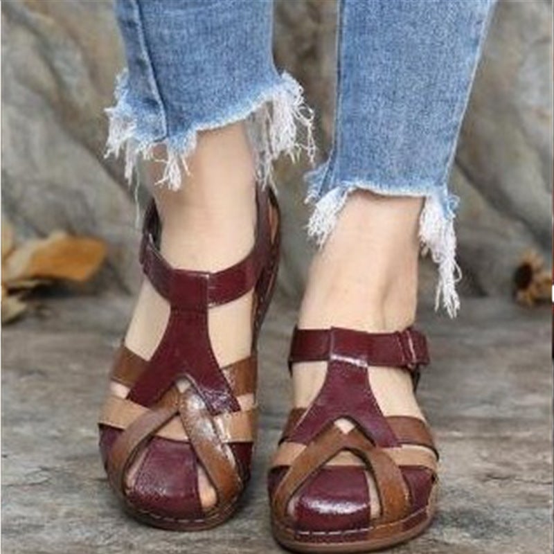 Foreign trade large size 2023 summer new European and American retro round toe wedge ladies Roman shoes cross buckle female sandals Red wine 36 - Image 3