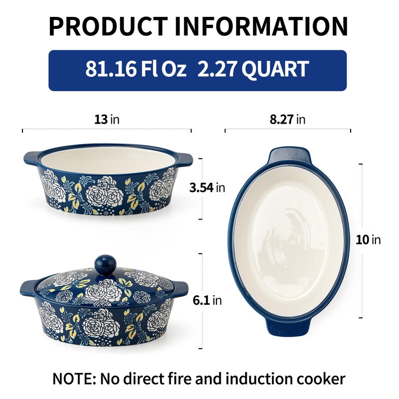Jemirry Ceramic Casserole Dish With Lid, Casserole Dishes for Oven, Baking Dish Lasagna Pans For Cooking, Oval Baking Pan, Dutch Oven, Perfect for Bread Baking and Serving, Housewarming, Thanksgiving - Blue - Image 2