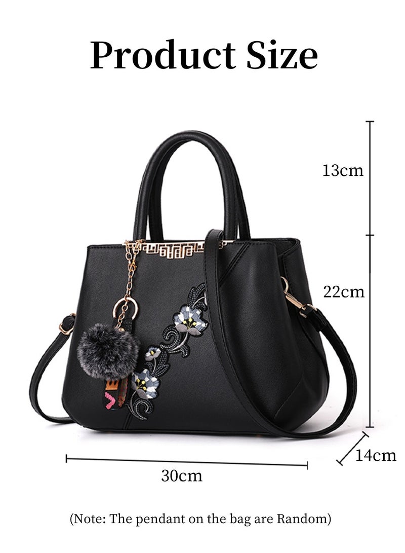 Moovant Women's Elegant Handbag, Embroidered Messenger Bag, PU Leather Shoulder Bag, Color Contrast Crossbody Bag with Plush Pendant, Black  - Image 4