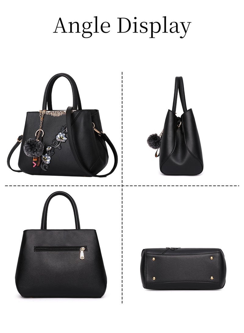 Moovant Women's Elegant Handbag, Embroidered Messenger Bag, PU Leather Shoulder Bag, Color Contrast Crossbody Bag with Plush Pendant, Black  - Image 5
