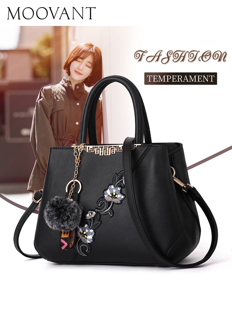Moovant Women's Elegant Handbag, Embroidered Messenger Bag, PU Leather Shoulder Bag, Color Contrast Crossbody Bag with Plush Pendant, Black  - Image 1