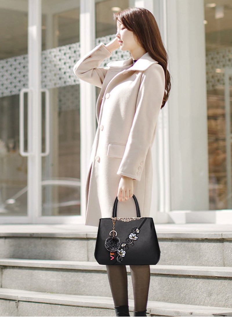 Moovant Women's Elegant Handbag, Embroidered Messenger Bag, PU Leather Shoulder Bag, Color Contrast Crossbody Bag with Plush Pendant, Black  - Image 3