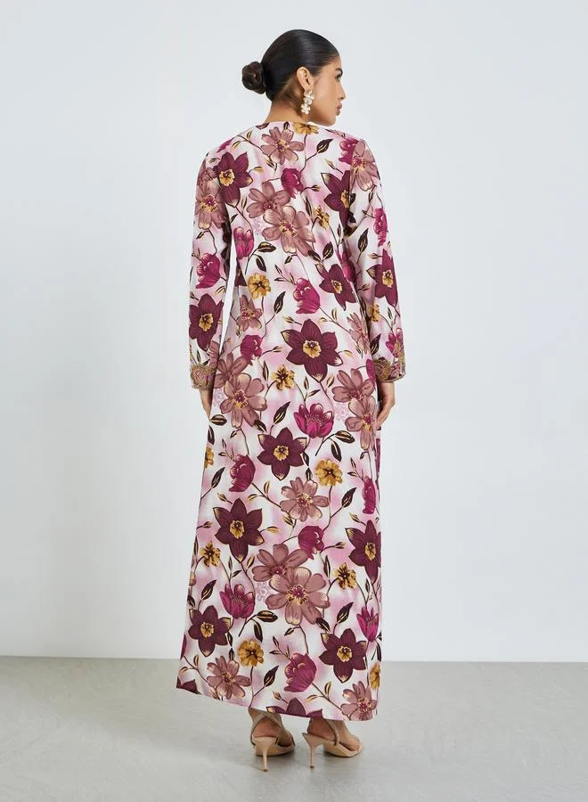 Amirah  Pink Floral Print Mukhawar Jalabiya for Women | Best Price UAE