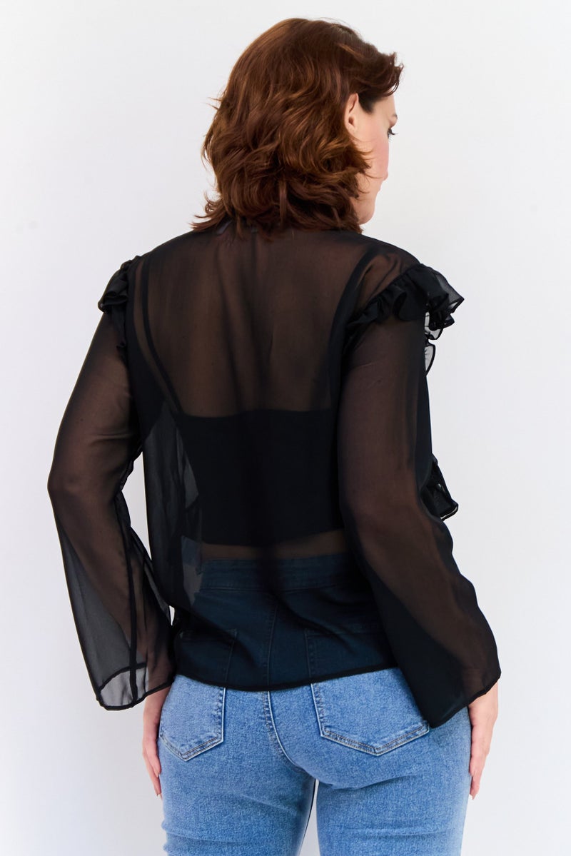 KOTON Women Tie Neck Long Sleeves Solid Blouse, Black - Image 3