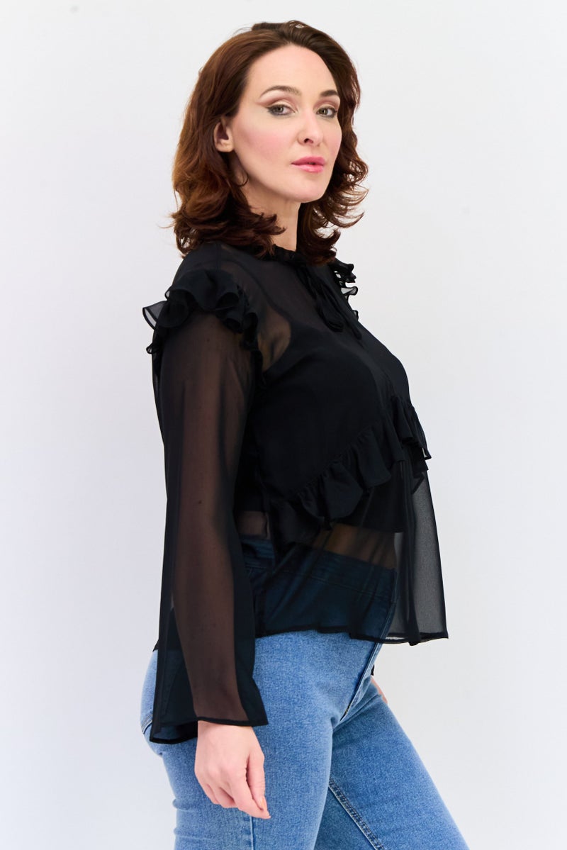 KOTON Women Tie Neck Long Sleeves Solid Blouse, Black - Image 2