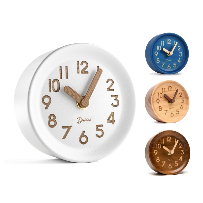 Driini Wooden Analog Desktop Clock  43 in Decorative Pinewood NoTick Design  Easy to Read Silent Sweep Mantle Clock  Quiet Tabletop Clocks with Wood Body Hands  Battery Cover White