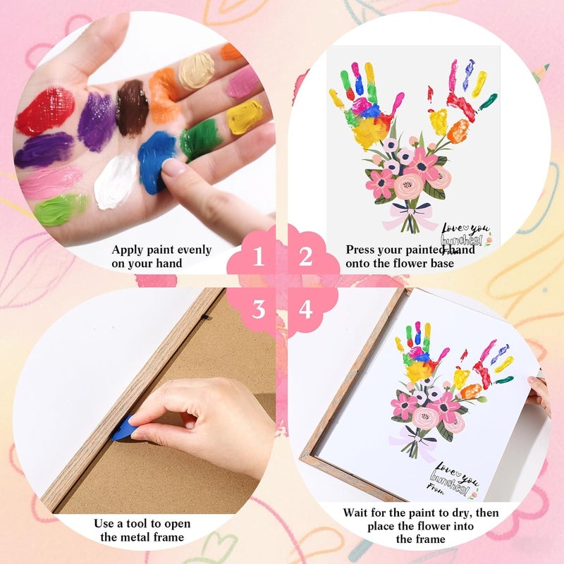 Marspark Handprint Craft Family DIY Paint Set Unique Birthday Gifts for Grandma Mom Father Mother Handmade Keepsake Include 16 Wood Frame 4 Flower Bouquet Papers 12 Colors Paint and Palette - Image 3