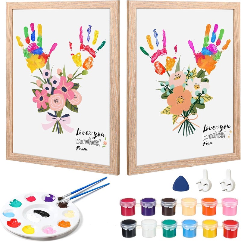Marspark Handprint Craft Family DIY Paint Set Unique Birthday Gifts for Grandma Mom Father Mother Handmade Keepsake Include 16 Wood Frame 4 Flower Bouquet Papers 12 Colors Paint and Palette - Image 1