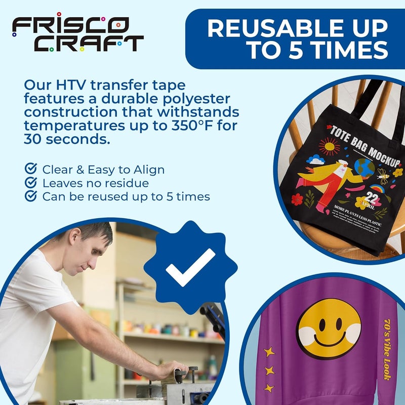 Frisco Craft شريط نقل لفيبر حراري - شريط شفاف للكي للطباعة والنقوش HTV واللاصق، للحرف الكبيرة والصغيرة، مكبس حراري، قابل لإعادة الاستخدام حتى 5 مرات، لاصق قوي (12 بوصة × 10 قدم) - Image 4