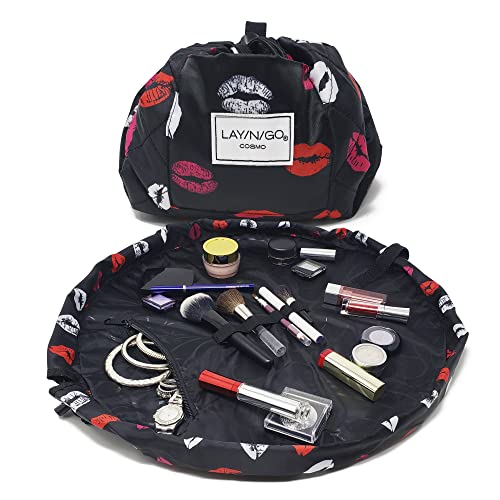 Lay-n-Go LaynGo Cosmo Layflat Drawstring Cosmetic Makeup Bag Organizer wZipper Pocket Brush Loops More Cinch to Close Lay Flat to Use Durable Machine Wash Travel Toiletry Bag 20 LipsBlack - Image 2