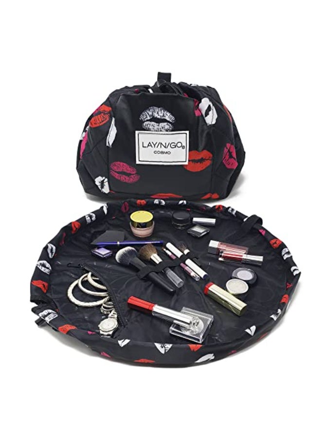 Lay-n-Go LaynGo Cosmo Layflat Drawstring Cosmetic Makeup Bag Organizer wZipper Pocket Brush Loops More Cinch to Close Lay Flat to Use Durable Machine Wash Travel Toiletry Bag 20 LipsBlack - Image 1
