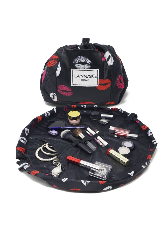 Lay-n-Go LaynGo Cosmo Layflat Drawstring Cosmetic Makeup Bag Organizer wZipper Pocket Brush Loops More Cinch to Close Lay Flat to Use Durable Machine Wash Travel Toiletry Bag 20 LipsBlack - Image 3