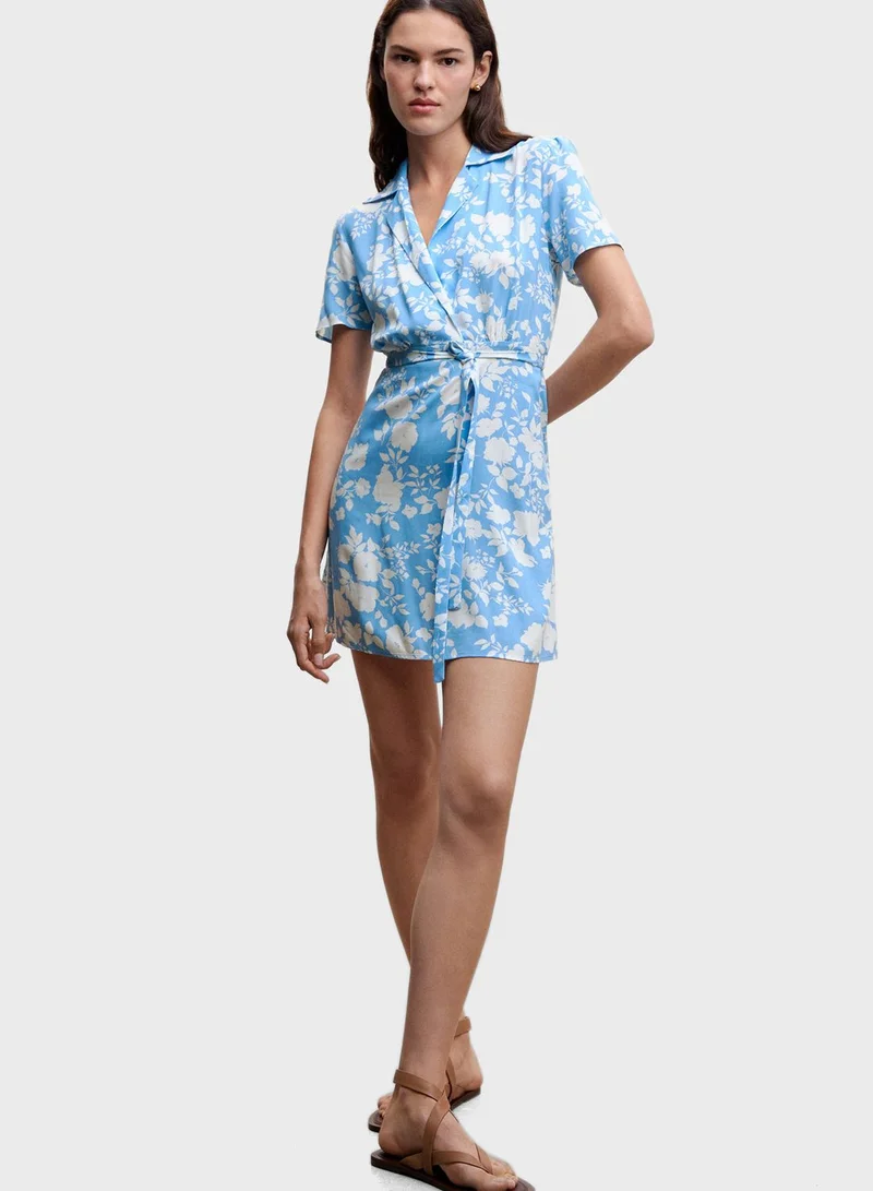 MANGO Floral Print Tie Detail Dress