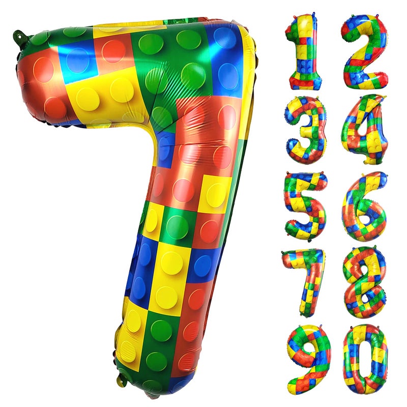 CHANGZHONG 32 Inch Building Block Number 7 Balloons 7 year birthday Block Themed Large Big Helium Foil Mylar Balloon for Girls Boys 7th Birthday Party Decoration Supplies - Image 1