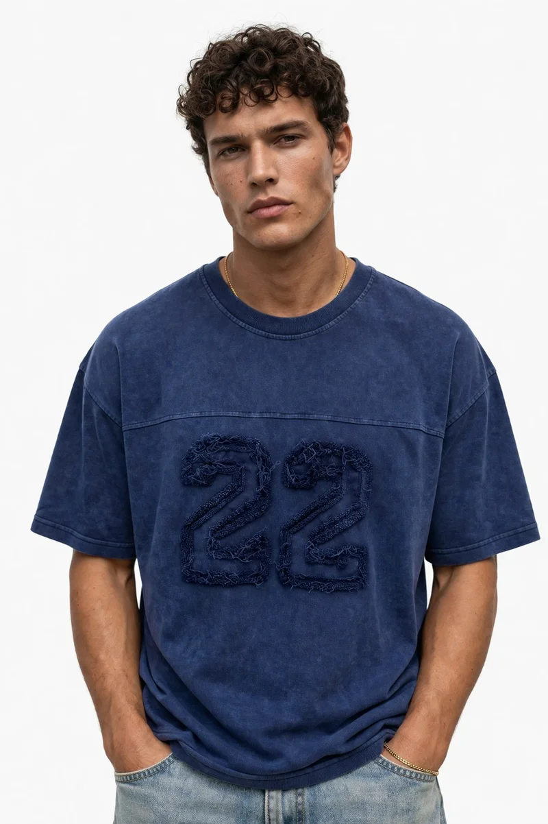 Respire Men's 22 Embroidered Washed Oversize T-Shirt Navy Blue