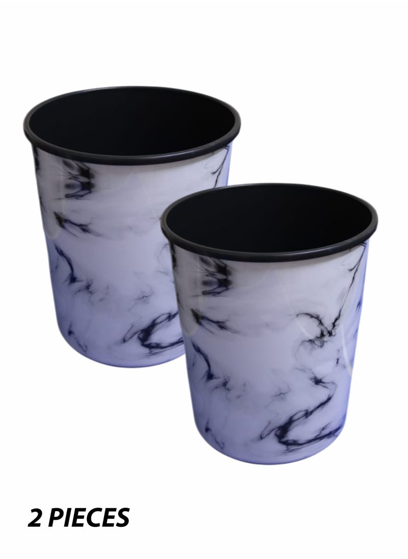Toshionics - 2 Pieces 13L Round Dust Bin with Marble Effect Prints Modern Style Plastic Trash Can Garbage Bin Open Top Design Waste Basket Garbage Container Cylindrical Waste Bin for Office Bedrooms Kitchen Bathroom Multipurpose Usage Trash Bin 12"x9.5" - Image 1
