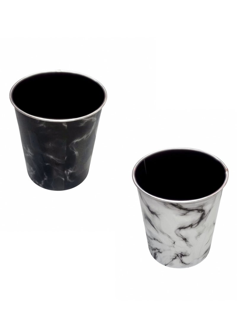 Toshionics - 2 Pieces 13L Round Dust Bin with Marble Effect Prints Modern Style Plastic Trash Can Garbage Bin Open Top Design Waste Basket Garbage Container Cylindrical Waste Bin for Office Bedrooms Kitchen Bathroom Multipurpose Usage Trash Bin 12"x9.5" - Image 1