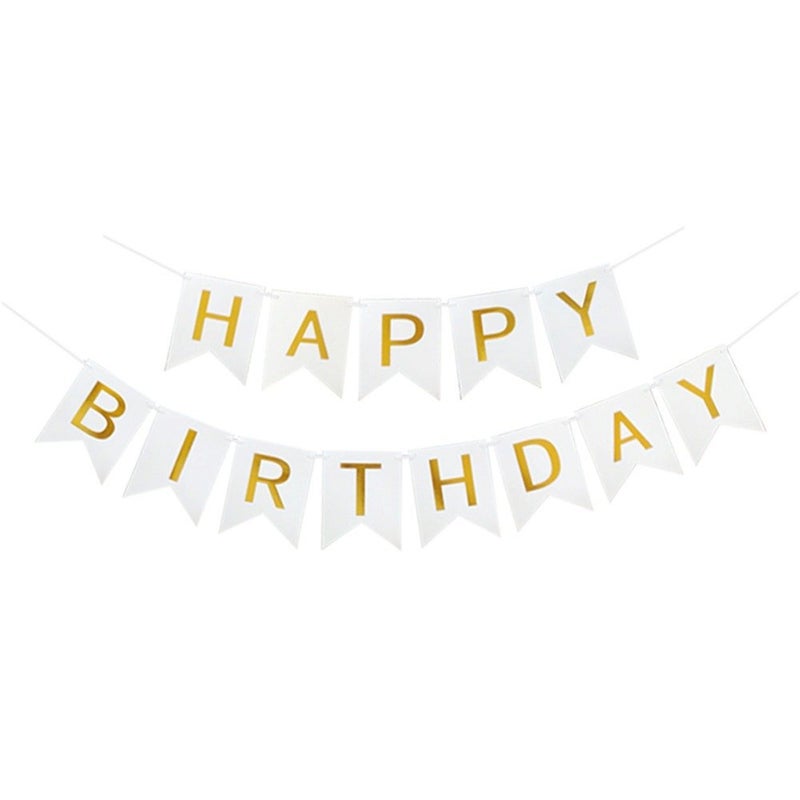 Blukey Happy Birthday Banner With Shiny Gold Letters, Swallowtail Design Hanging Signs Party Decorations (White) - Image 1
