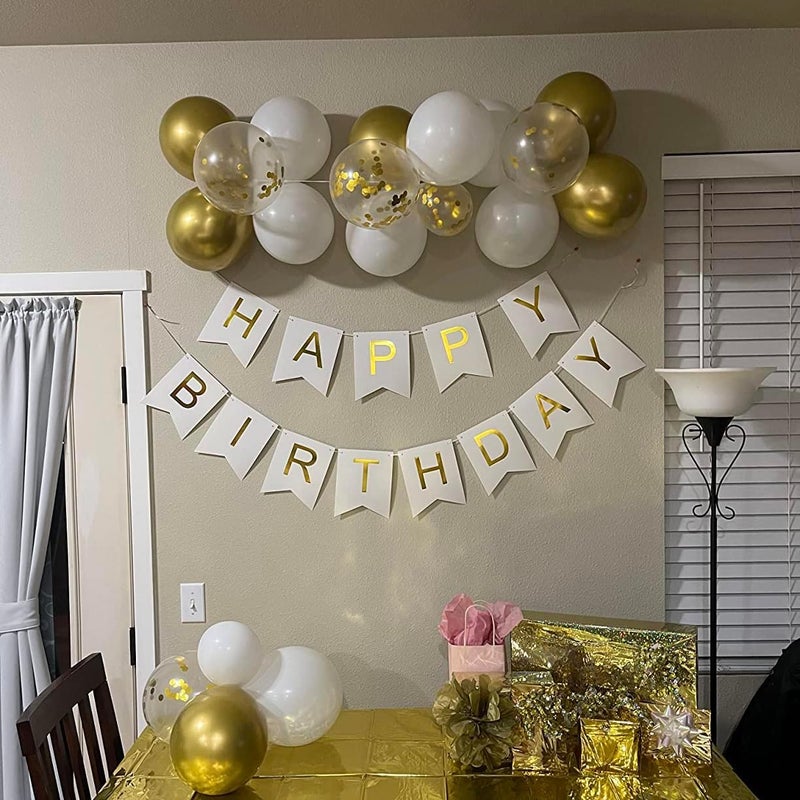 Blukey Happy Birthday Banner With Shiny Gold Letters, Swallowtail Design Hanging Signs Party Decorations (White) - Image 5
