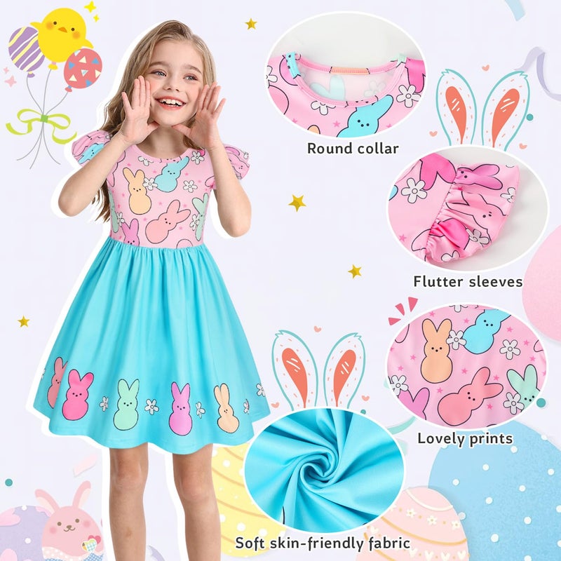WonderBabe Toddler Girl Easter Outfit Flutter Sleeve Bunny Dress Princess Party Dress Summer Clothes School Outfit Size 7-8 Years - Image 3