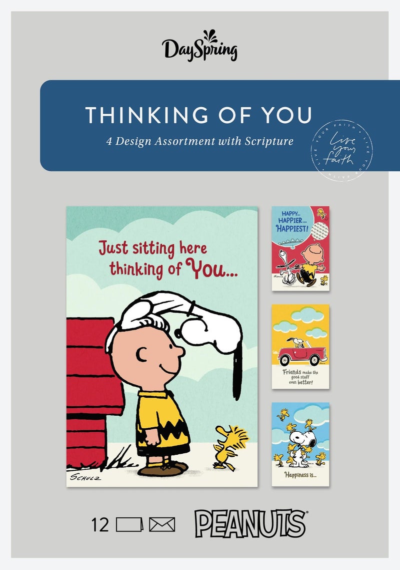 DaySpring - Peanuts - Thinking of You - 4 Design Assortment With Scripture - 12 Boxed Cards & Envelopes - Image 1