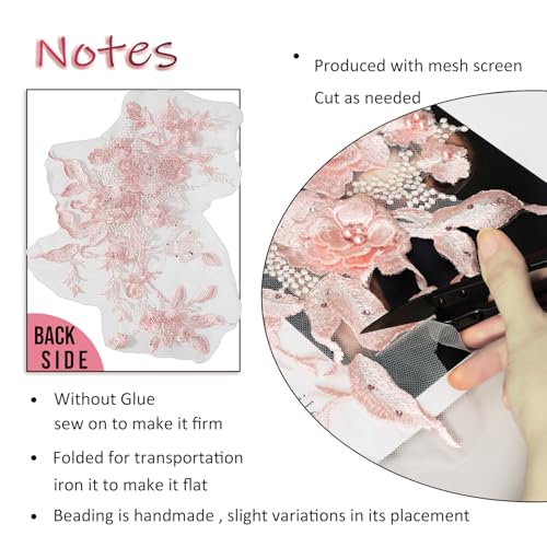 Silvora Colorful Flower Fabric Beaded Lace Applique,3D Embroidered Flower Fabric Patch for Bridal Dress, Handmade Sewing Tool for Wedding DIY Crafts(Pink) - Image 5