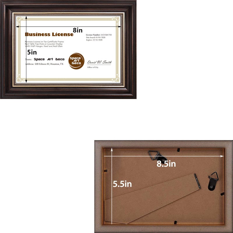 Space Art Deco  5.5x8.5 Business License Frame for 5.5x8.5 Certificate Tempered Glass Wall Hangers or Easel Stand Display (Brown  1-Pack) - Image 3