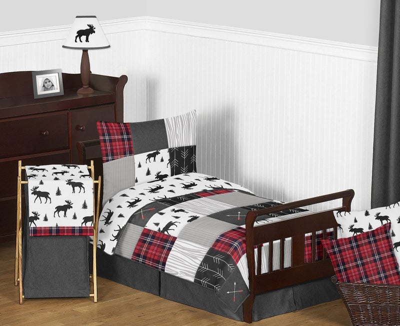 Sweet Jojo Designs Sweet Jojo Designs Grey Black and Red Woodland Plaid and Arrow Rustic Patch Boy Toddler Kid Childrens Bedding Set 5 Pieces Comforter Sham and Sheets Flannel Moose Gray