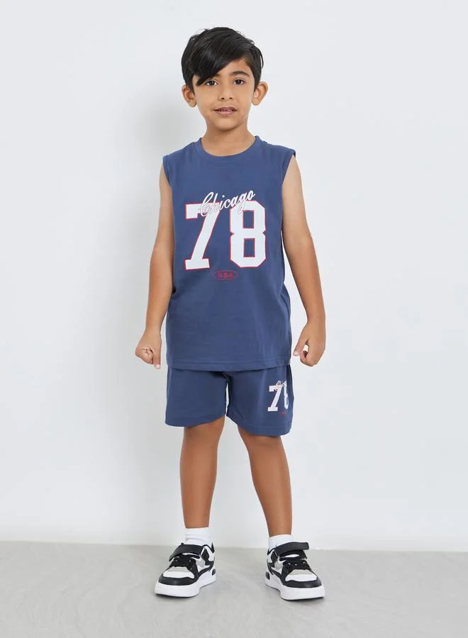 Styli Styli Boys Cotton Graphic Print Tank and Shorts Set