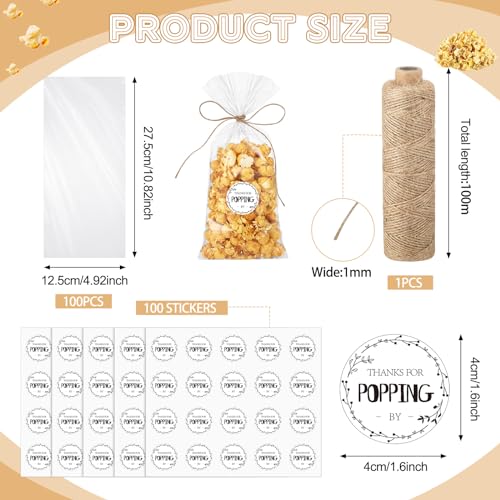 Chivertion 100 Sets Clear Popcorn Favor Bags Baby Shower Thank You Tags Natural Twine 49 x 108 Clear Goodie Bag Favor Sticker 328 ft Packing String for Crafts GiftBright Style - Image 5