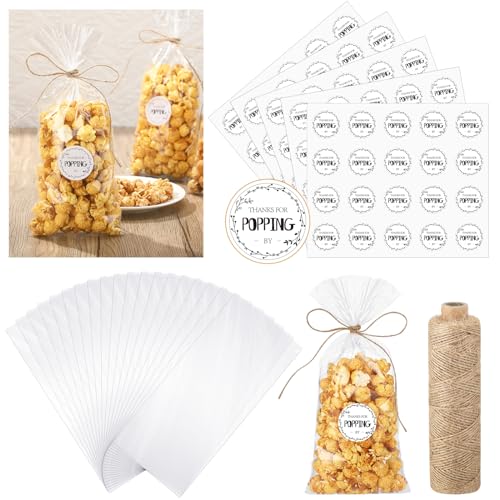 Chivertion 100 Sets Clear Popcorn Favor Bags Baby Shower Thank You Tags Natural Twine 49 x 108 Clear Goodie Bag Favor Sticker 328 ft Packing String for Crafts GiftBright Style - Image 2
