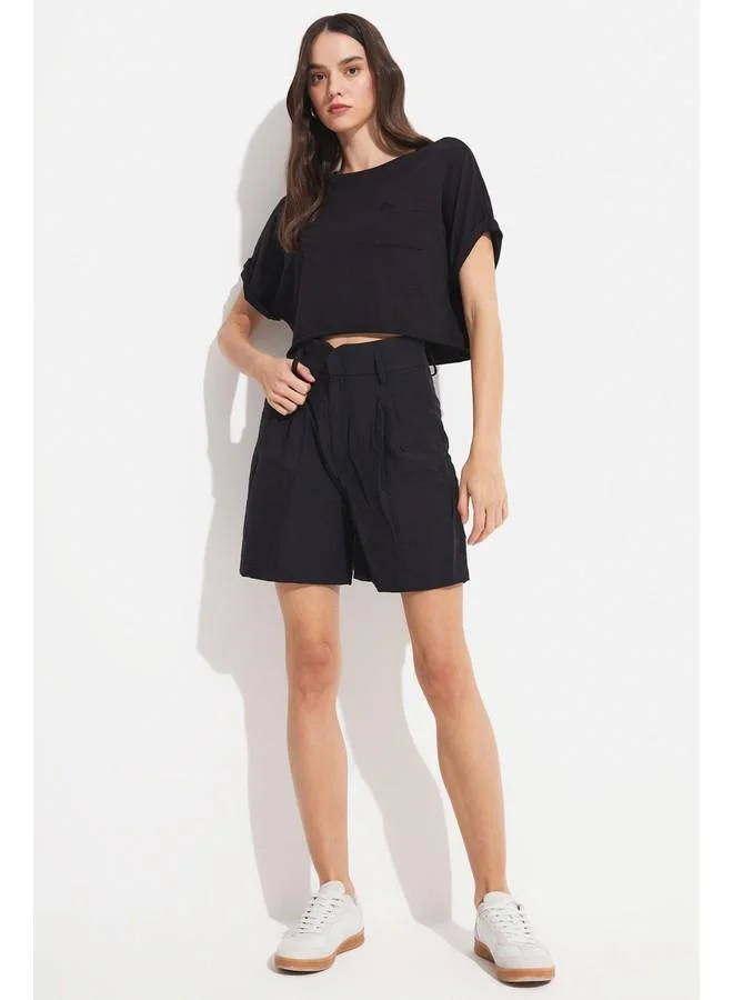 JUNE June Women Crop Pocket Detailed Knitted Tshirt Black