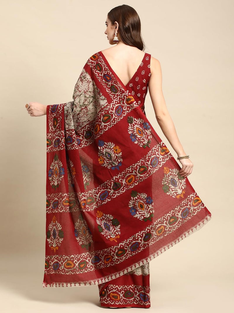 RATAN Pure Cotton Printed Mulmul Saree for Women with Blouse Piece (GDBT-BP-1046-RED_Red) - Image 2