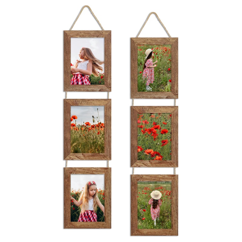 ccdcc 5x7 Collage Picture Frames Set of 2, Rustic Wooden Real Glass Vertical Hanging 3 Opening 5 by 7 Photo Frame, Rustic Brown - Image 1