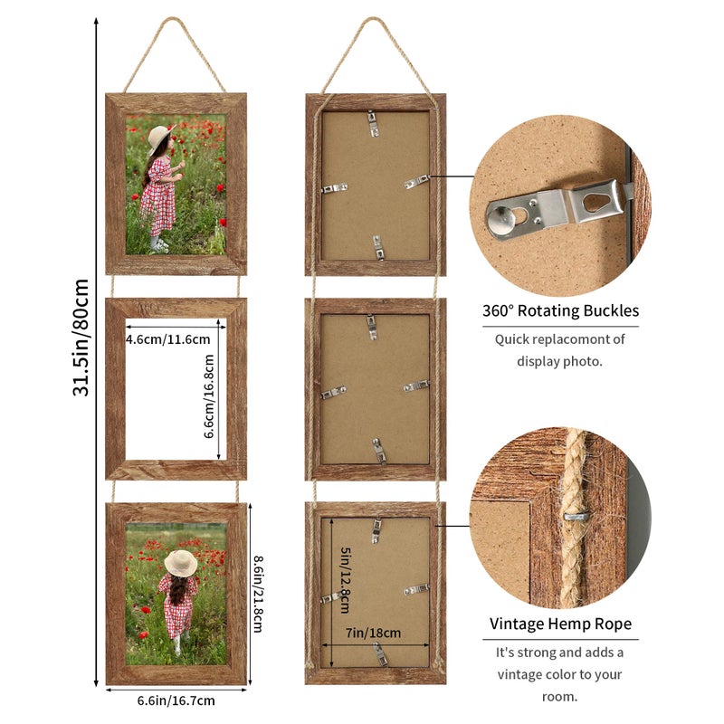 ccdcc 5x7 Collage Picture Frames Set of 2, Rustic Wooden Real Glass Vertical Hanging 3 Opening 5 by 7 Photo Frame, Rustic Brown - Image 4