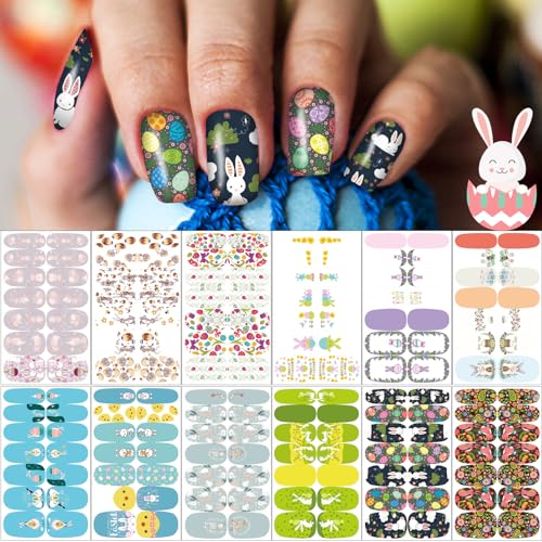 winthrop 12 Sheets Easter Nail Wraps Stickers Full Nail Polish Strips DIY SelfAdhesive Nail Art Decals Cute Easter Eggs Bunny Rabbit Pattern Party Decor with 2 Pcs Nail Files 168 Pieces - Image 1