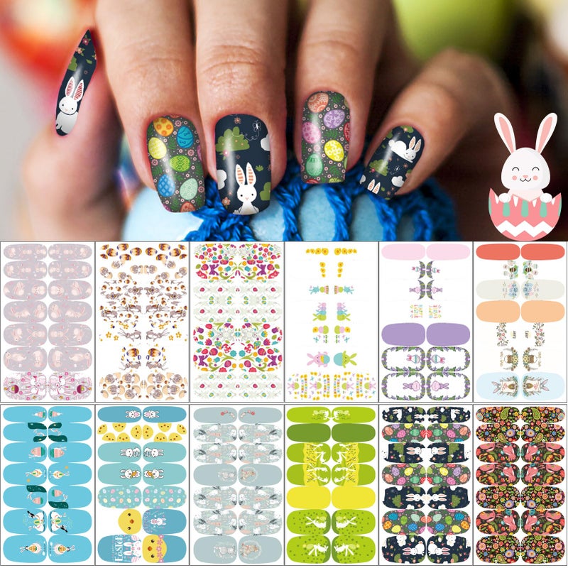 winthrop 12 Sheets Easter Nail Wraps Stickers Full Nail Polish Strips DIY SelfAdhesive Nail Art Decals Cute Easter Eggs Bunny Rabbit Pattern Party Decor with 2 Pcs Nail Files 168 Pieces - Image 3