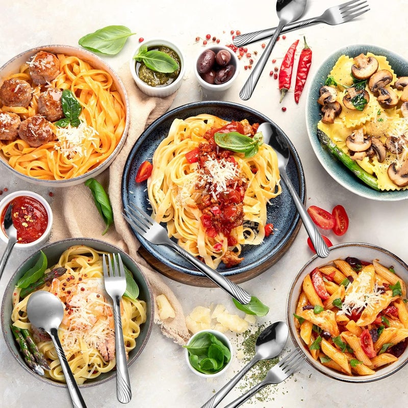 Minatee 50 Pcs Forks and Spoons Silverware Set Stainless Steel Flatware Cutlery Set Heavy Duty Metal Spoons and Forks for Kitchen Utensil Dinner Restaurant Home, Mirror Polished, Dishwasher Safe(Stripe) - Image 3