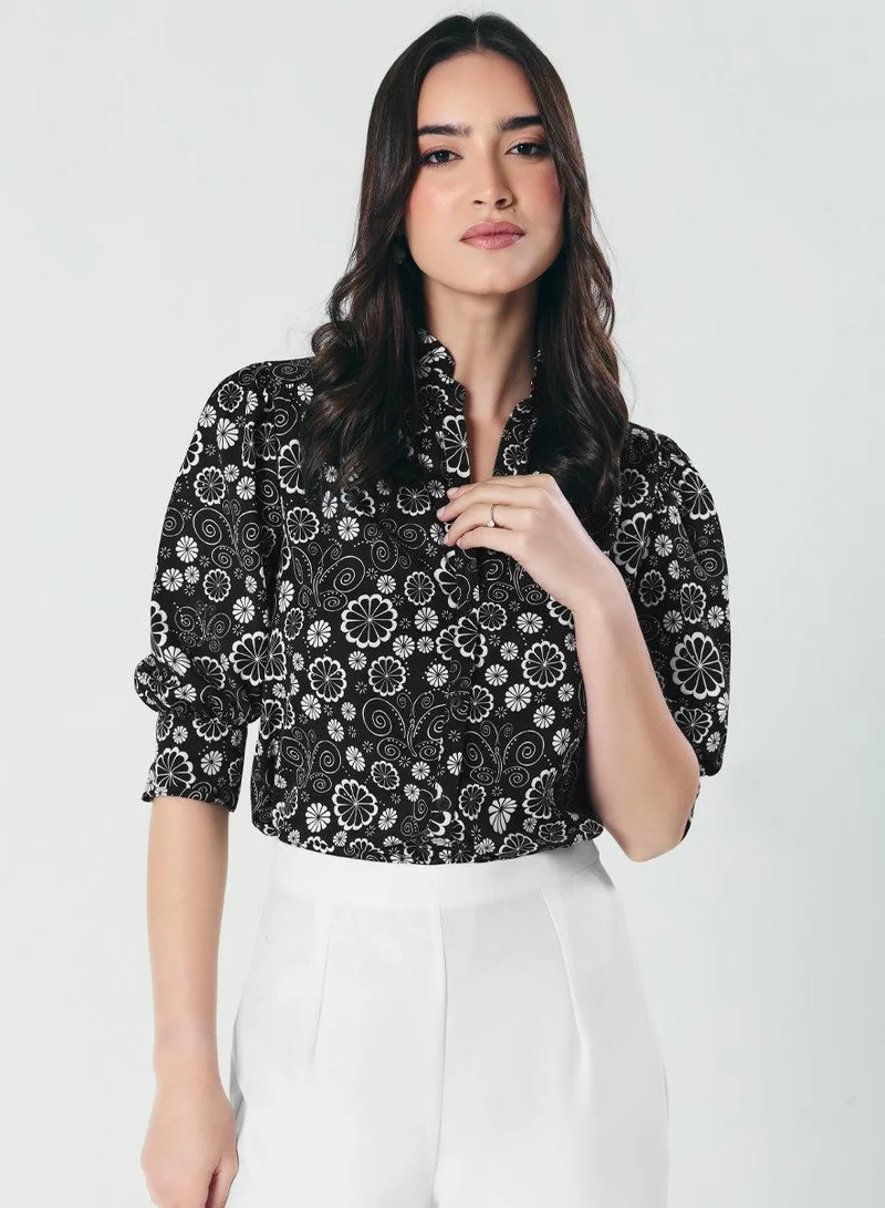 Zigzag Printed Black White Three Quarter Top