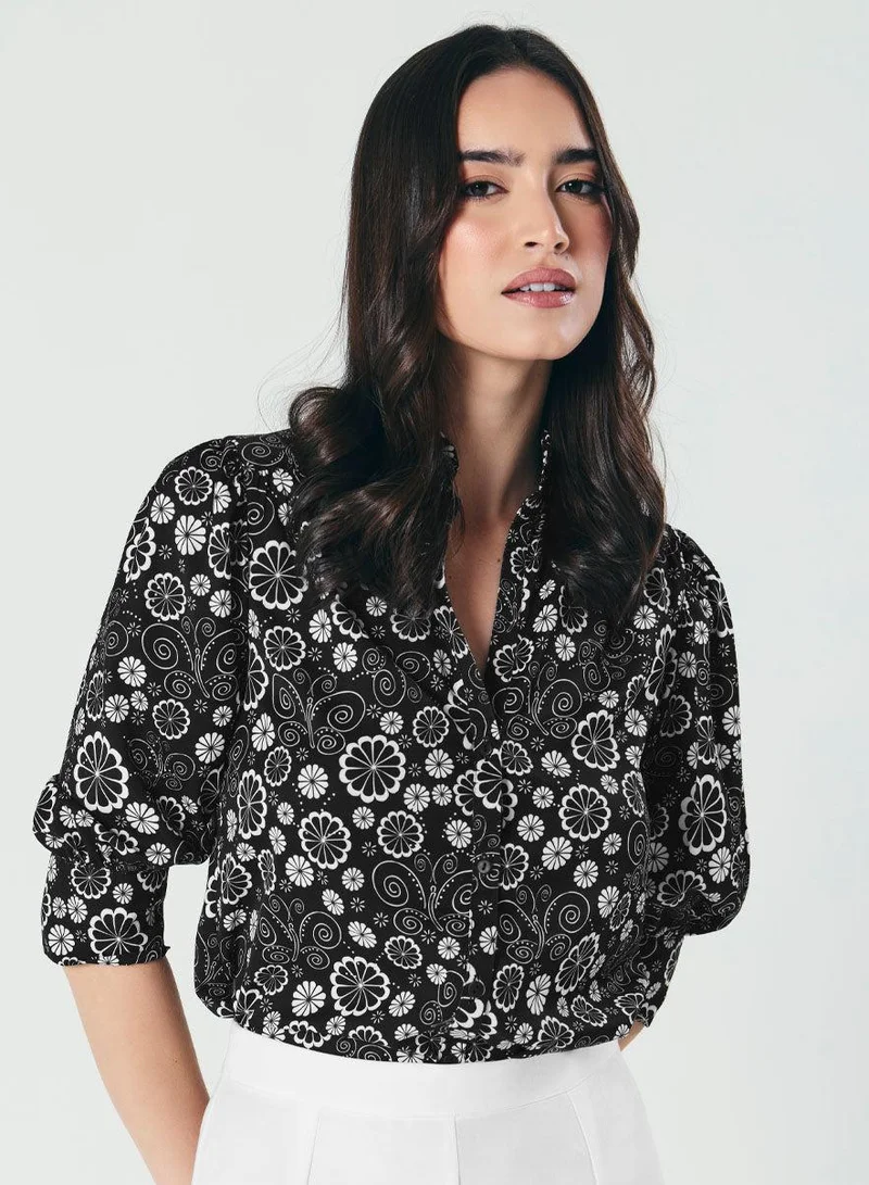 Zigzag Printed Black White Three Quarter Top
