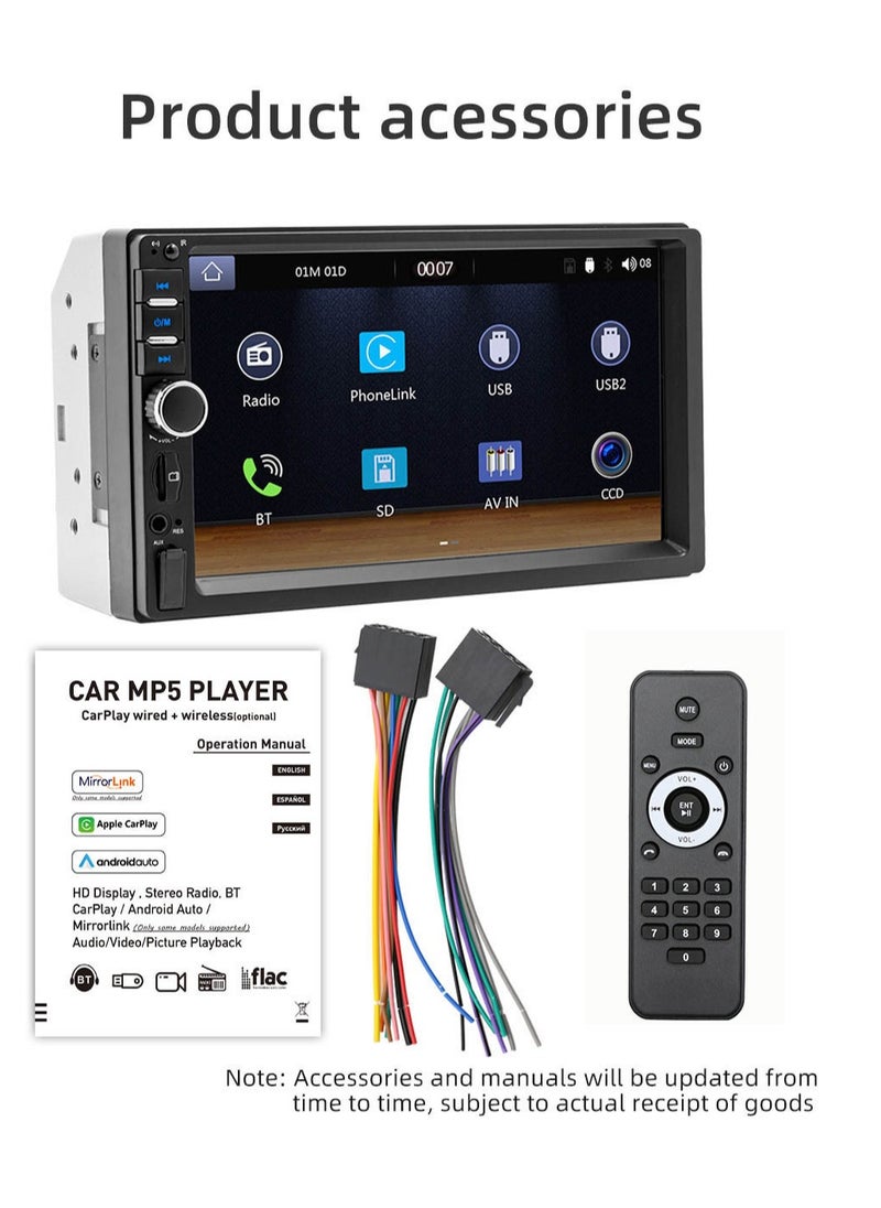 Double Din Car Stereo, 7 Inch Car MP5 Player, 2 Din HD Touch Screen FM Radio Audio Receiver, carplay screen with loop recording, wifi, mobile phone connection, parking monitoring, (F7018C)