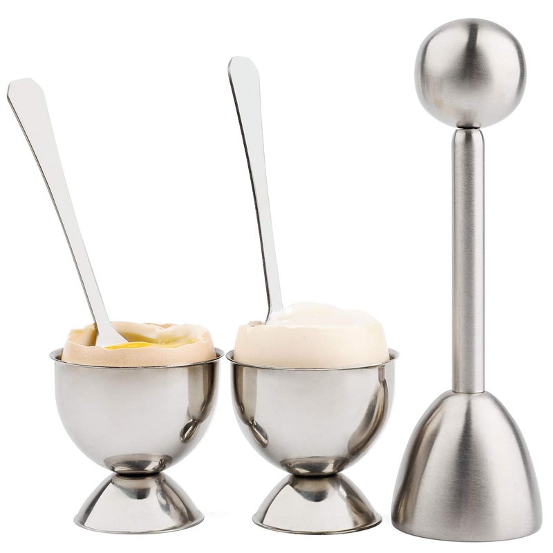 YellRin Soft Hard Boiled Egg Cutter Topper Set Egg Cracker with Include 2 Cup 2 Spoon 1 Topper Cutter Shell Separator Remover Stainless Steel Kitchen Tool - Image 1
