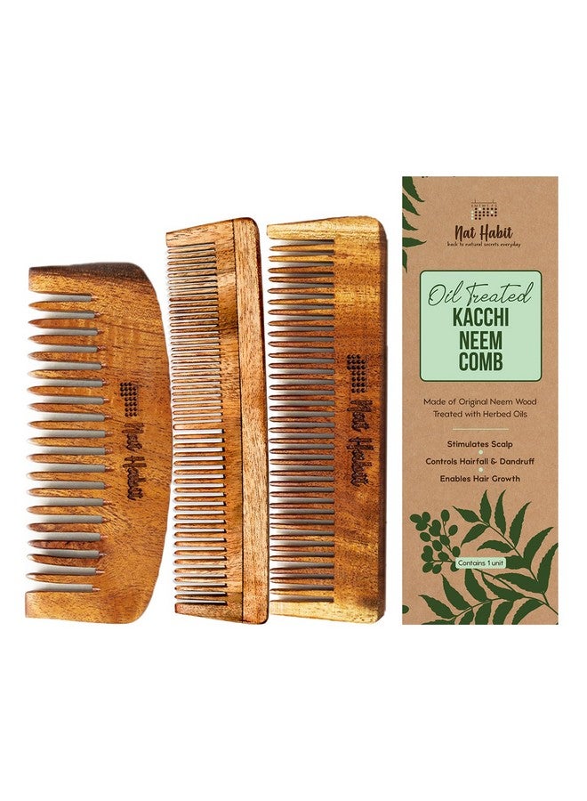 Nat Habit مشط خشبي من نات هابيت كاتشي نيم - منقوع في 17 عشبة، زيت النيم والسمسم - بحجم الجيب للشعر الكثيف، للرجال والأطفال ذوي الشعر القصير، مجموعة (مشط بوس، مشط جيب رفيع ومشط مزدوج الأسنان) - Image 1