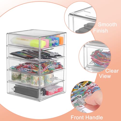 BTSKY Clear Acrylic Storage Organizer with Drawers, 5-Layer Desktop Organizer for Office Essentials, Multi-Purpose Stackable Container for Bathroom Vanity, Desk Makeup Jewelry Container Storage Box - Image 5