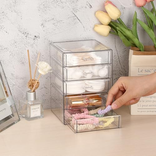 BTSKY Clear Acrylic Storage Organizer with Drawers, 5-Layer Desktop Organizer for Office Essentials, Multi-Purpose Stackable Container for Bathroom Vanity, Desk Makeup Jewelry Container Storage Box - Image 2