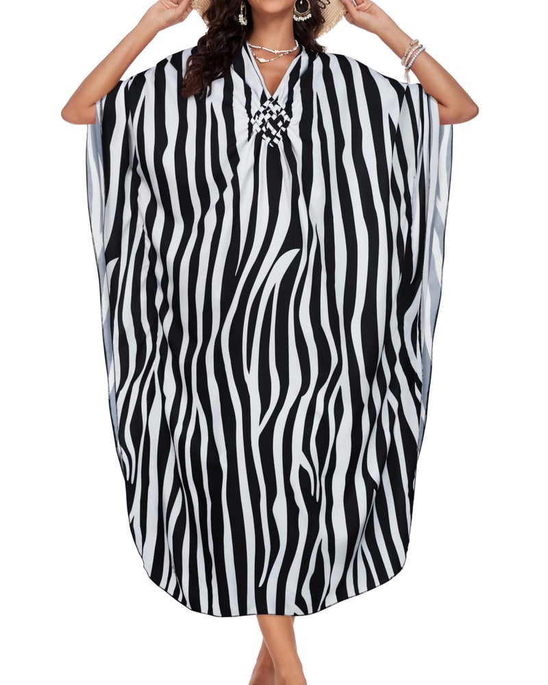 JILUVIN Kaftan Dresses for Women Plus Size V Neck Caftans Long Batwing Sleeve Beach Cover Ups Summer Floral Print Dress (Black White Stripe,One Size) - Image 5