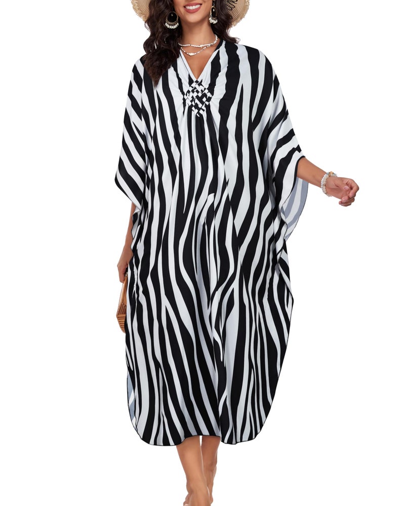 JILUVIN Kaftan Dresses for Women Plus Size V Neck Caftans Long Batwing Sleeve Beach Cover Ups Summer Floral Print Dress (Black White Stripe,One Size) - Image 4