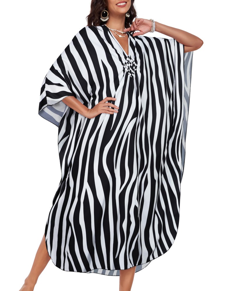 JILUVIN Kaftan Dresses for Women Plus Size V Neck Caftans Long Batwing Sleeve Beach Cover Ups Summer Floral Print Dress (Black White Stripe,One Size) - Image 3